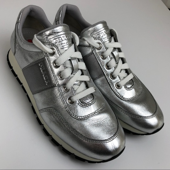 Prada silver leather lace up sneakers - Picture 1 of 11
